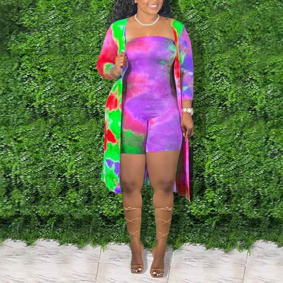 Women's Tie-Dye Jumpsuit and Cardigan Set