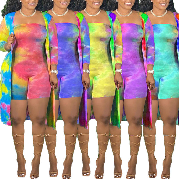 Women's Tie-Dye Jumpsuit and Cardigan Set