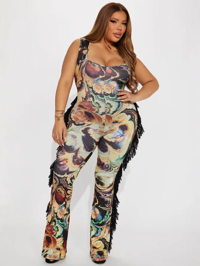 Women's Sexy Sling Strap Printed Tassel Lace Jumpsuit