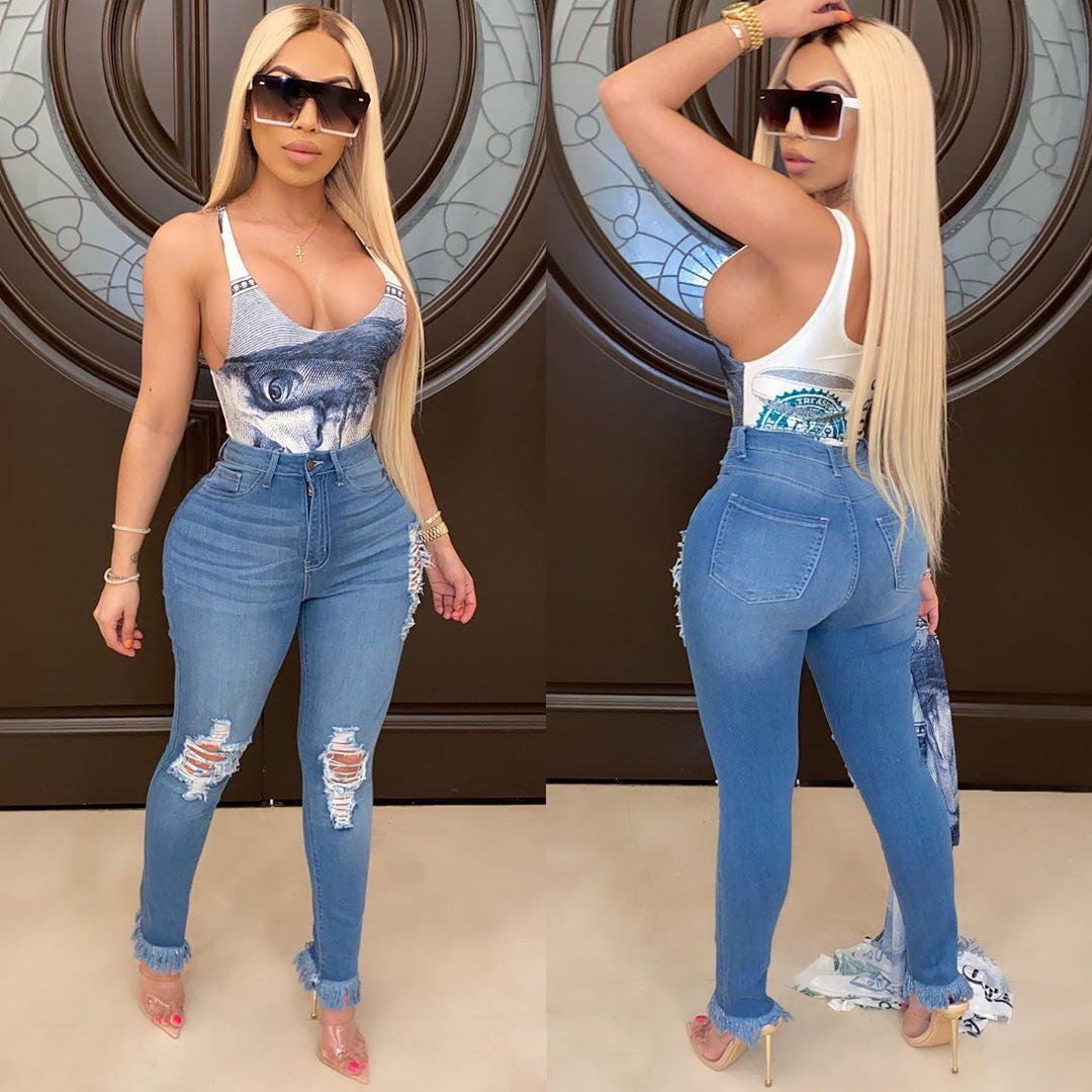 Women's Washed Ripped Elastic Tassel Jeans