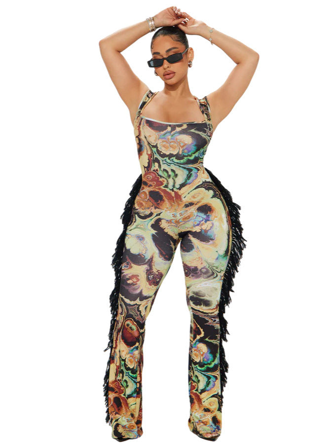 Women's Sexy Sling Strap Printed Tassel Lace Jumpsuit