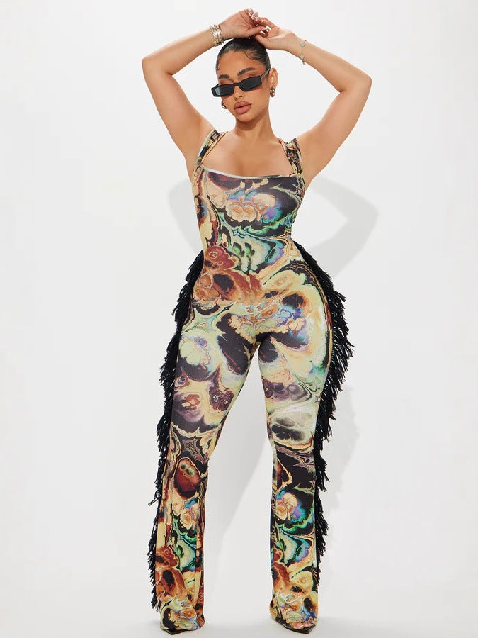 Women's Sexy Sling Strap Printed Tassel Lace Jumpsuit