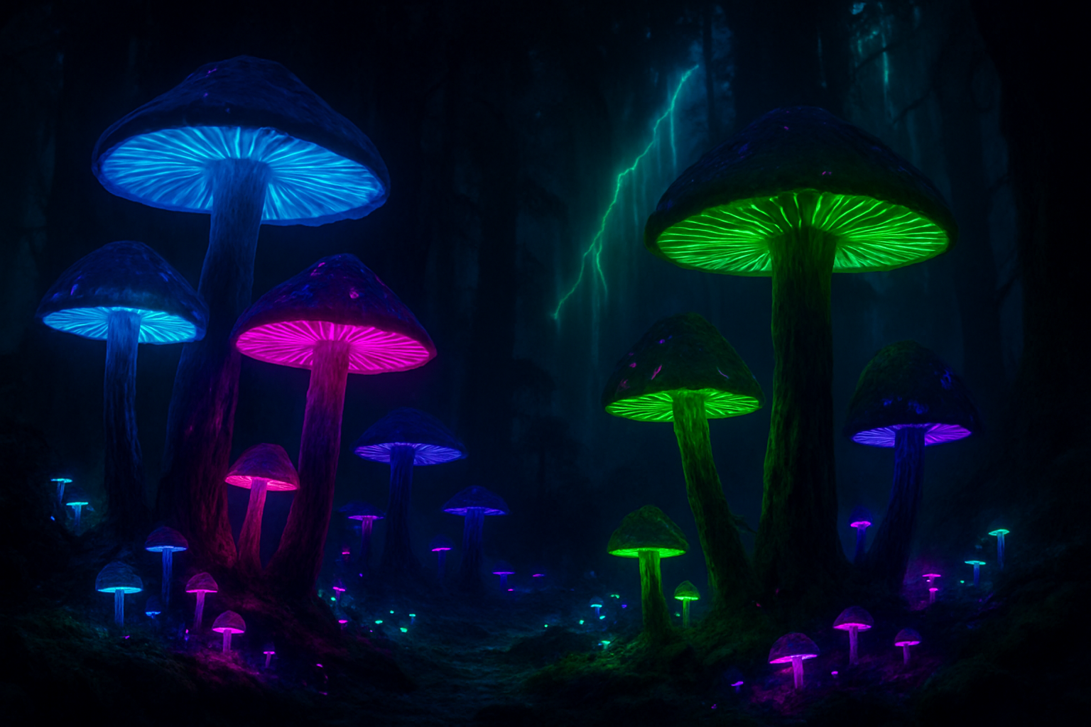 dark, mushroom forest, neon