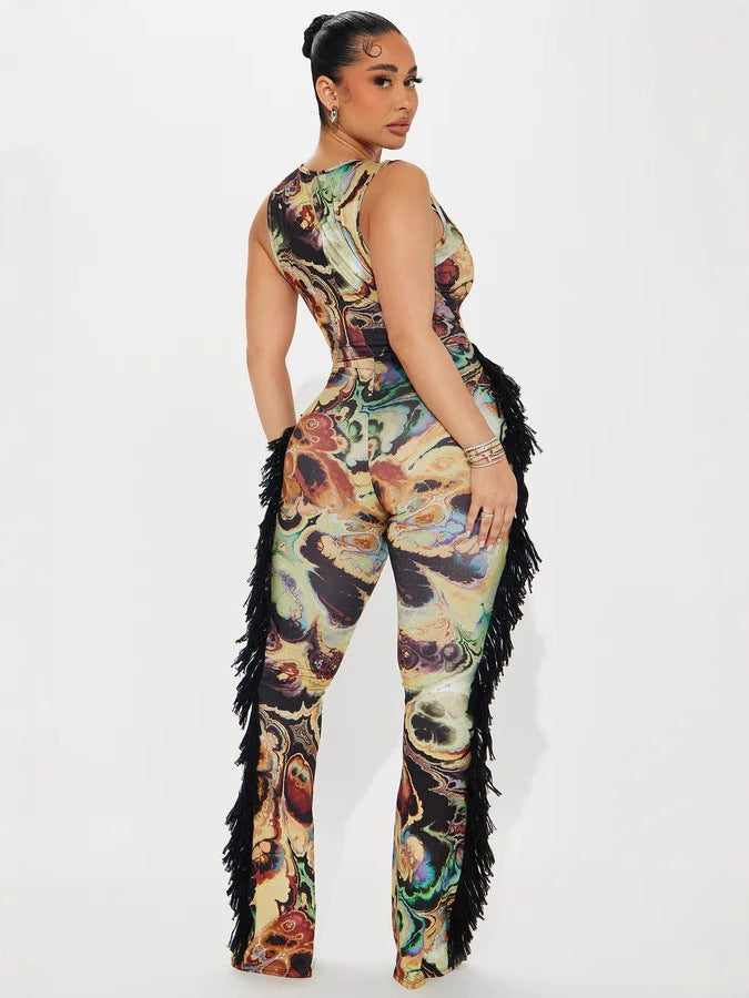 Women's Sexy Sling Strap Printed Tassel Lace Jumpsuit