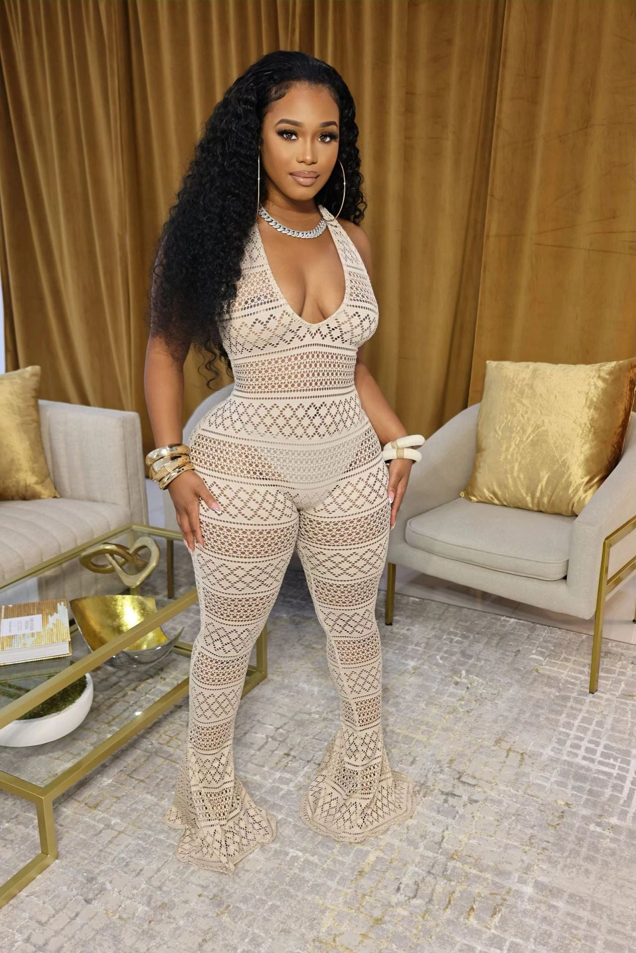 Women's Lace Hollow-out High Waist Jumpsuit