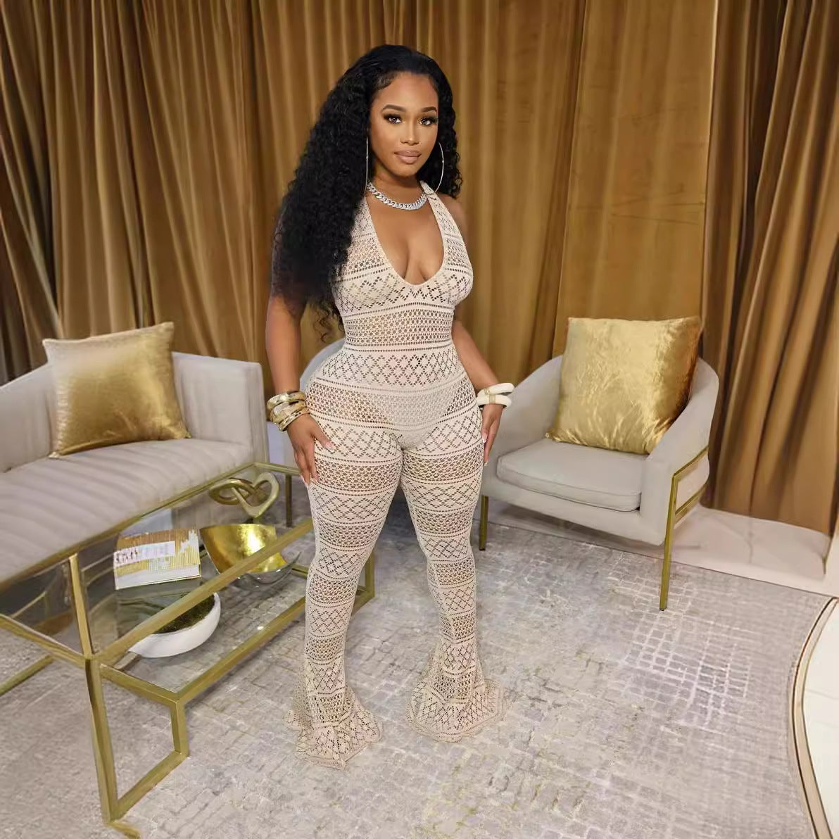 Women's Lace Hollow-out High Waist Jumpsuit