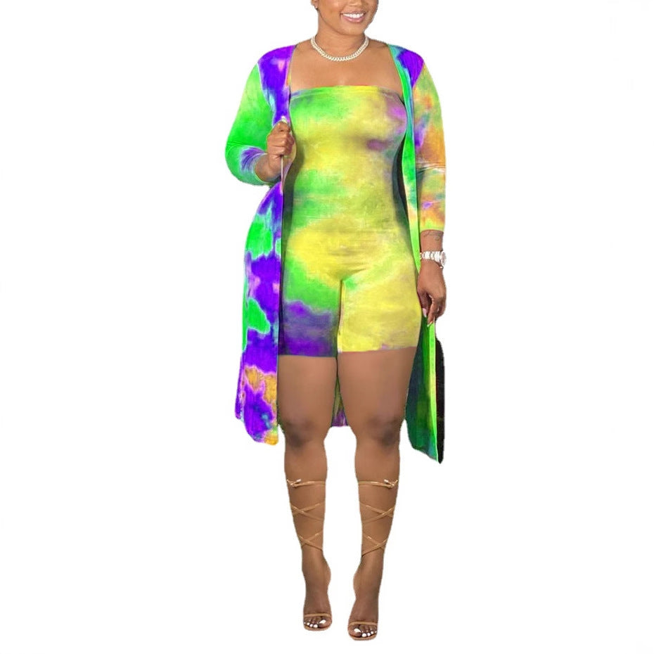 Women's Tie-Dye Jumpsuit and Cardigan Set