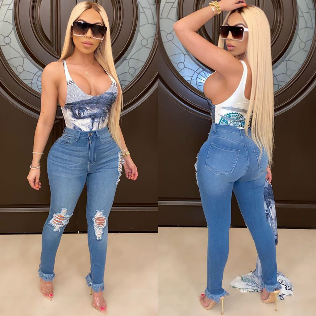 Women's Washed Ripped Elastic Tassel Jeans