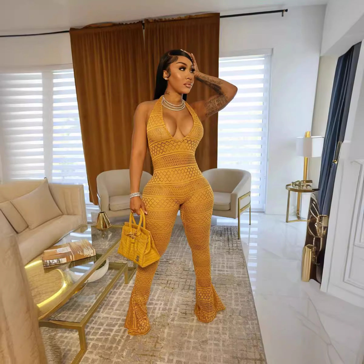 Women's Lace Hollow-out High Waist Jumpsuit